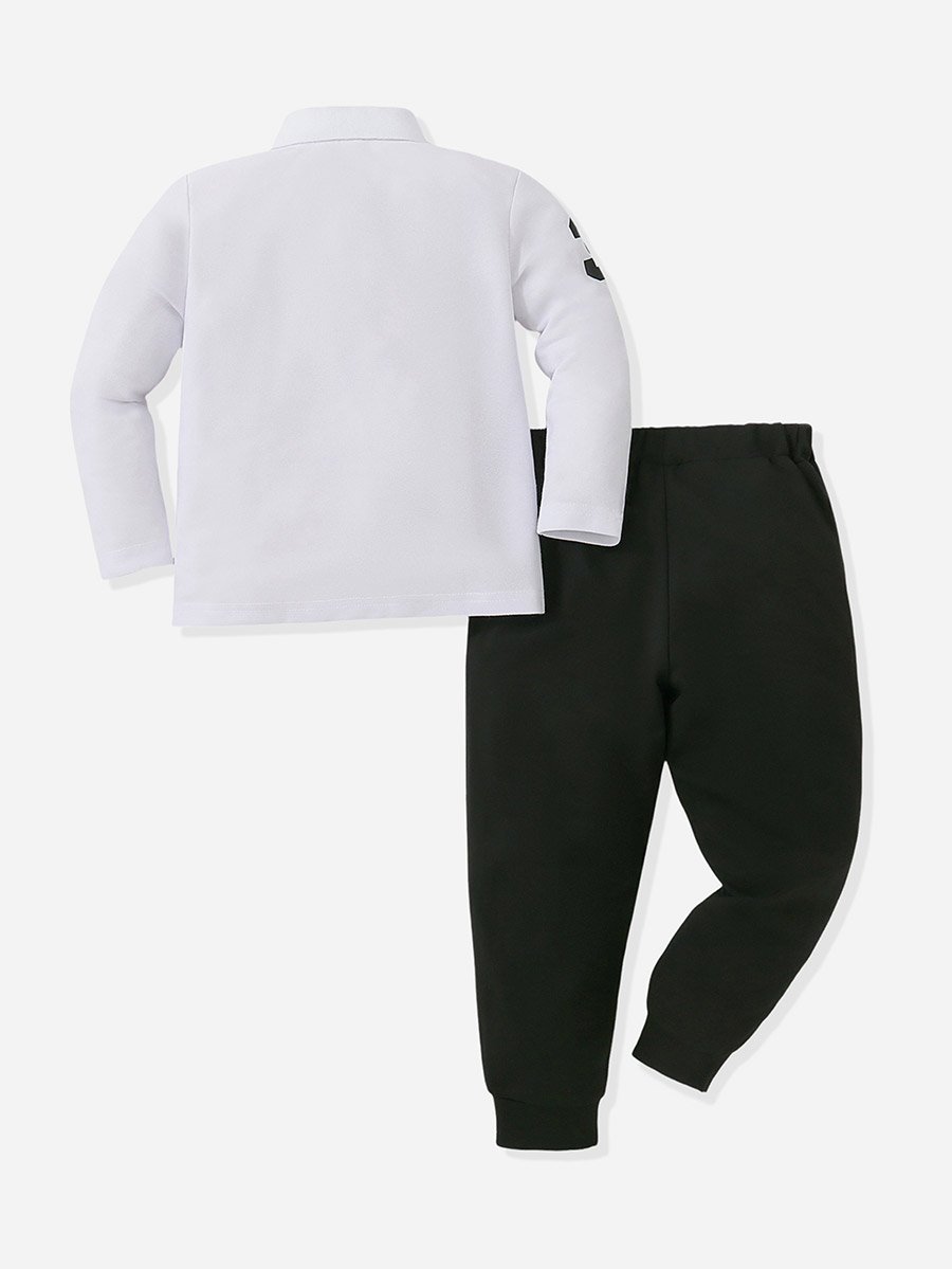 Boys White Graphic Polo and Black Jogger Set