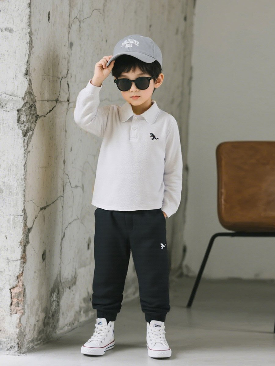 Boys White Graphic Polo and Black Jogger Set