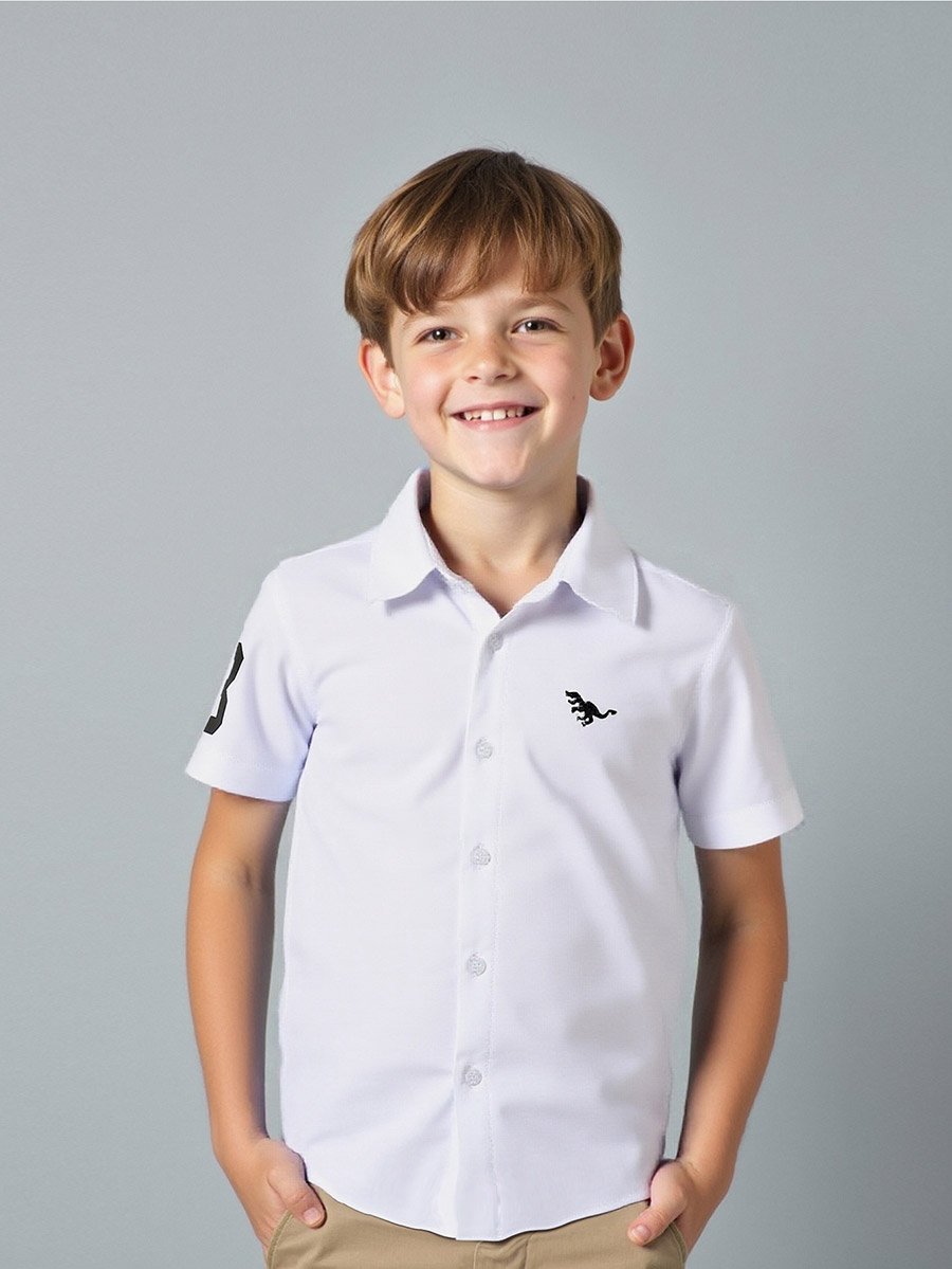 Boys White Embroidered Dinosaur Shirt