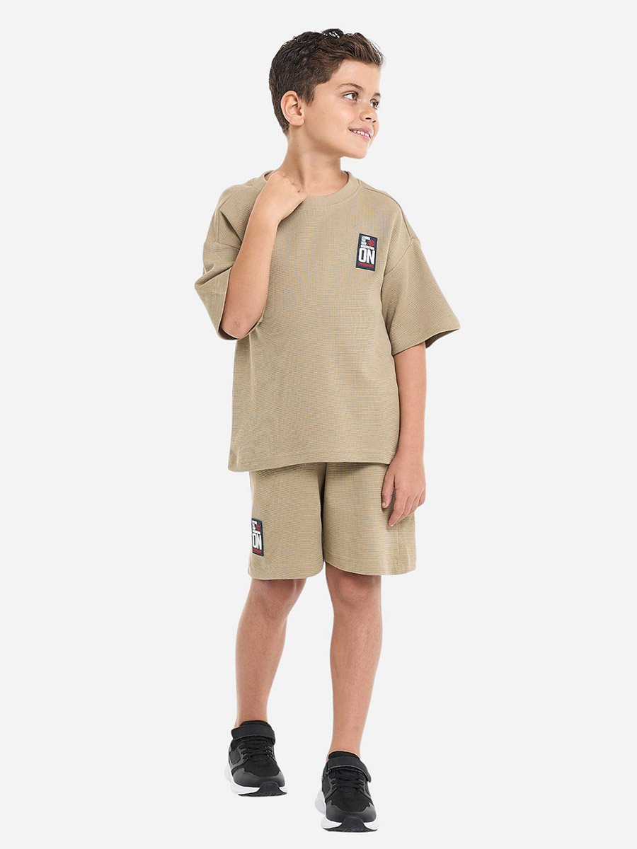 Boys Khaki Textured Oversized T-Shirt and Shorts Set