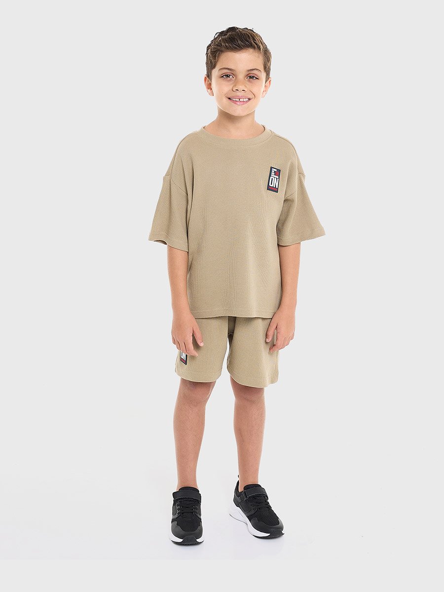 Boys Khaki Textured Oversized T-Shirt and Shorts Set