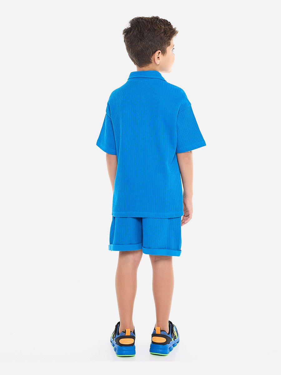 Boys Blue Textured Polo T-Shirt and Shorts Set