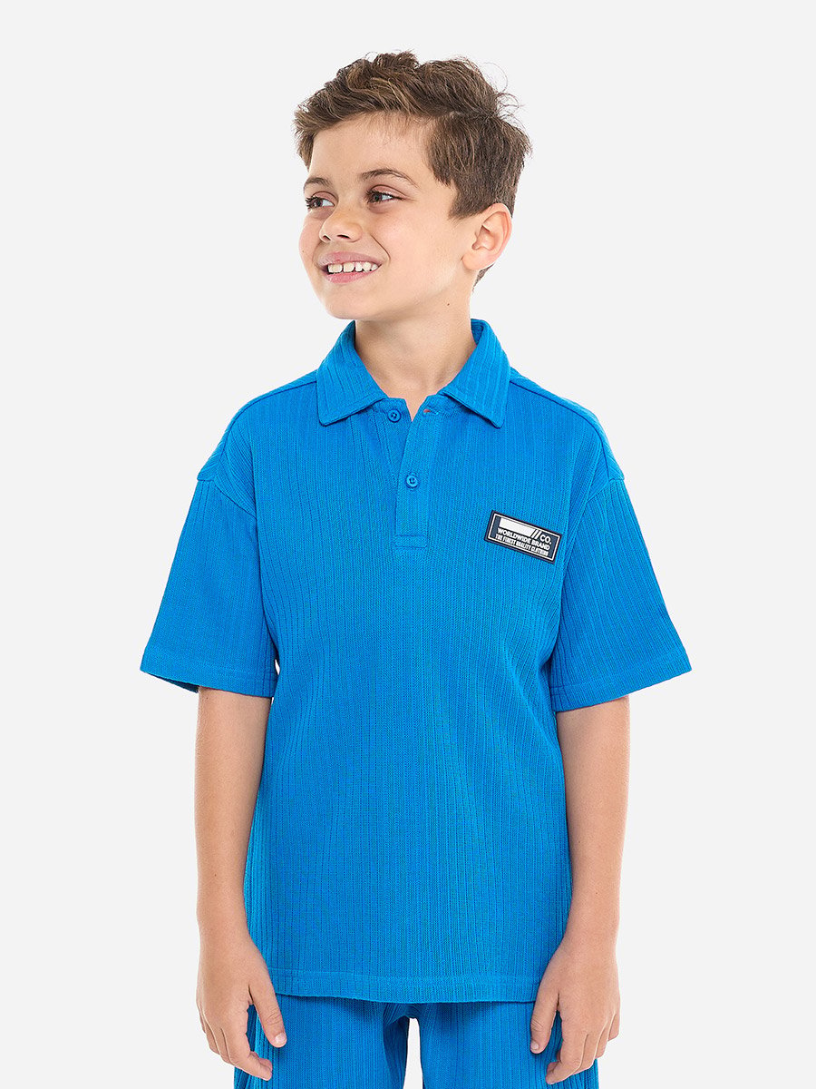 Boys Blue Textured Polo T-Shirt and Shorts Set