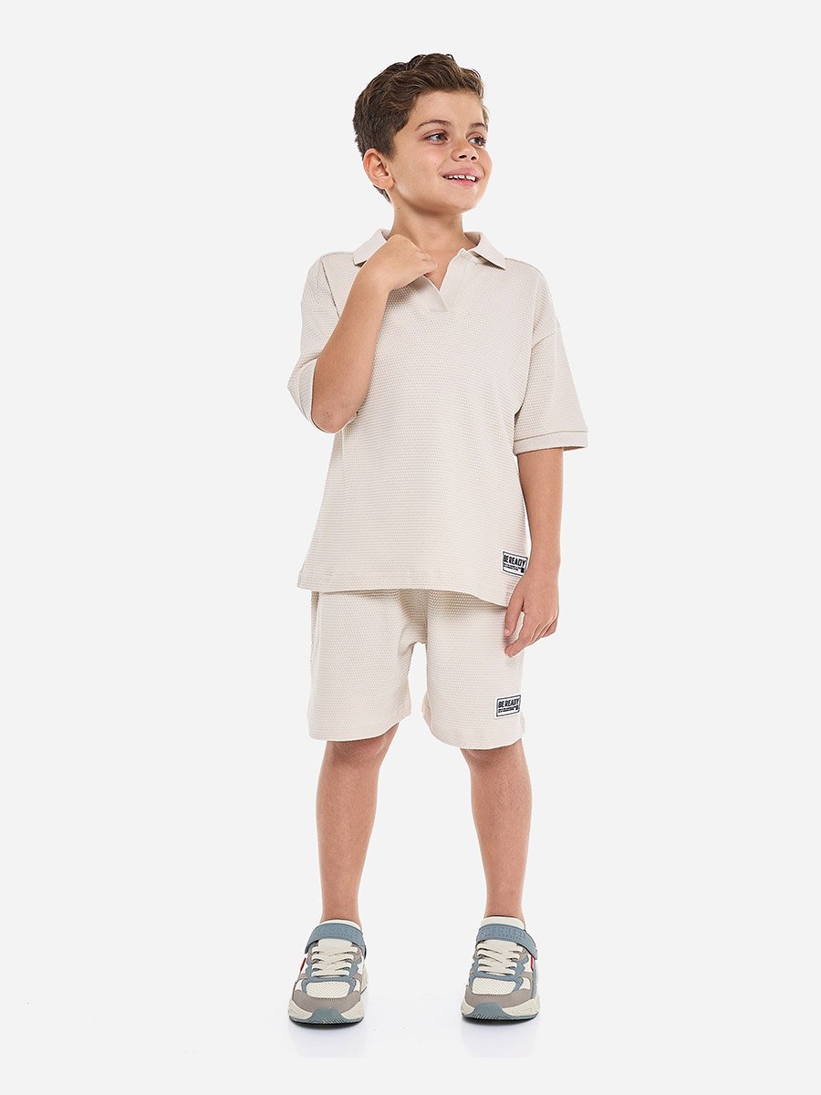 Boys Beige Cotton Jacquard Polo and Shorts Set