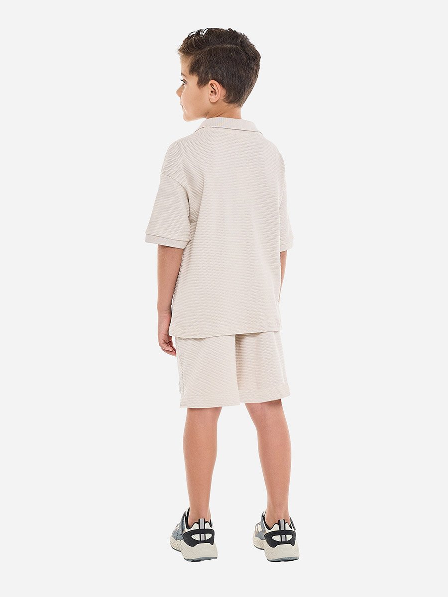 Boys Beige Cotton Jacquard Polo and Shorts Set