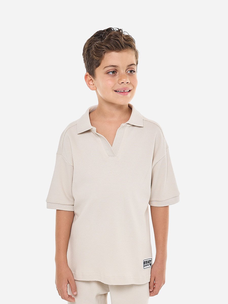 Boys Beige Cotton Jacquard Polo and Shorts Set