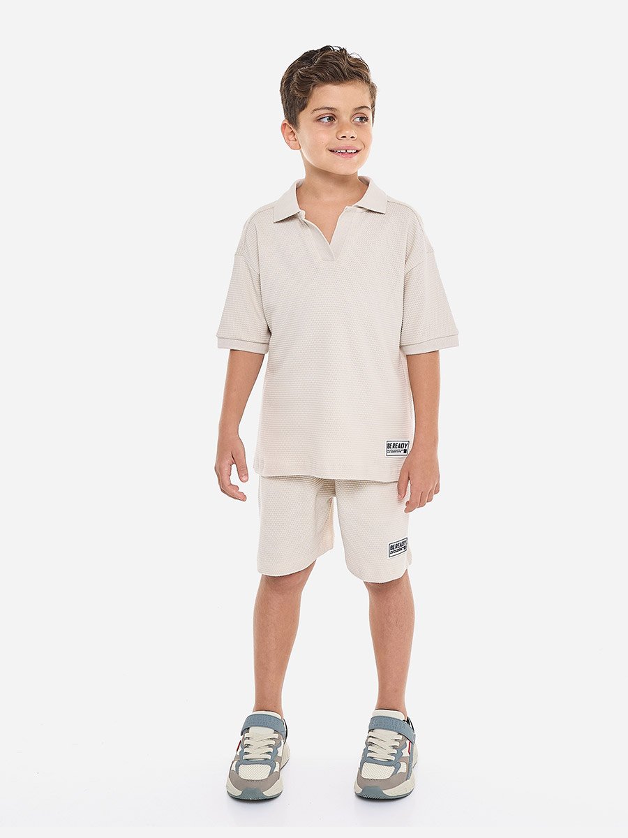 Boys Beige Cotton Jacquard Polo and Shorts Set