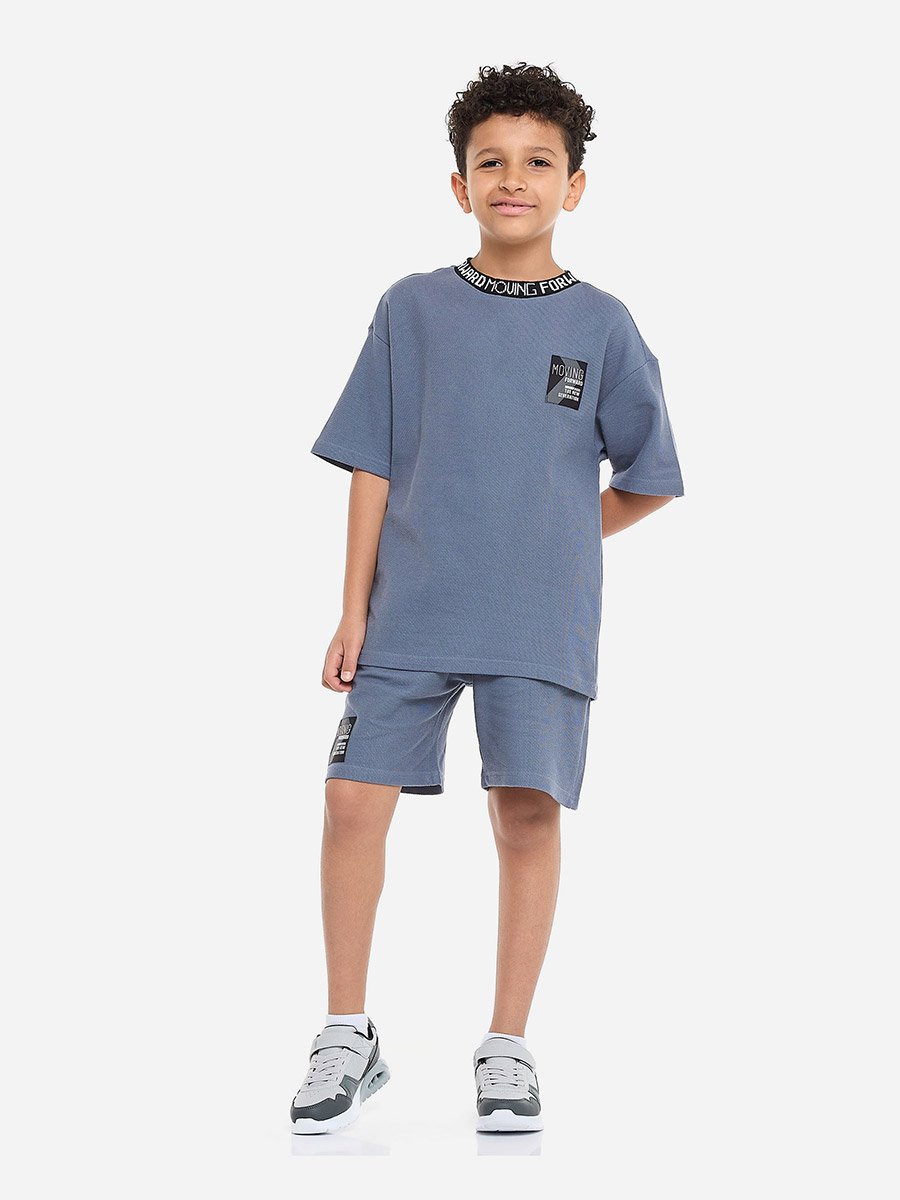 Boys Blue Printed Neckline T-Shirt and Shorts Set