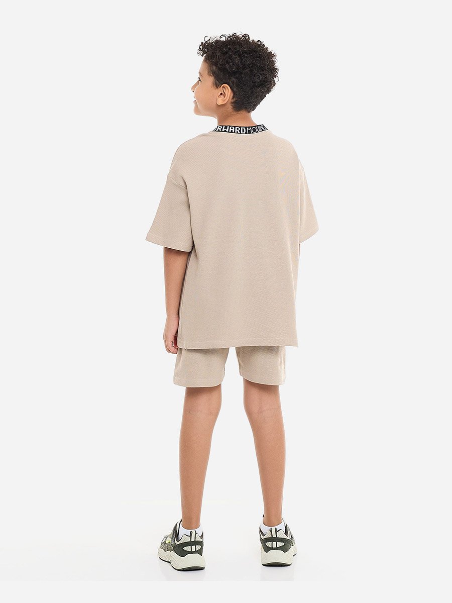 Boys Beige Printed Neckline T-Shirt and Shorts Set