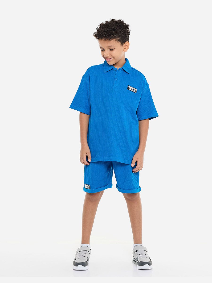 Boys Blue Textured Polo T-Shirt and Shorts Set