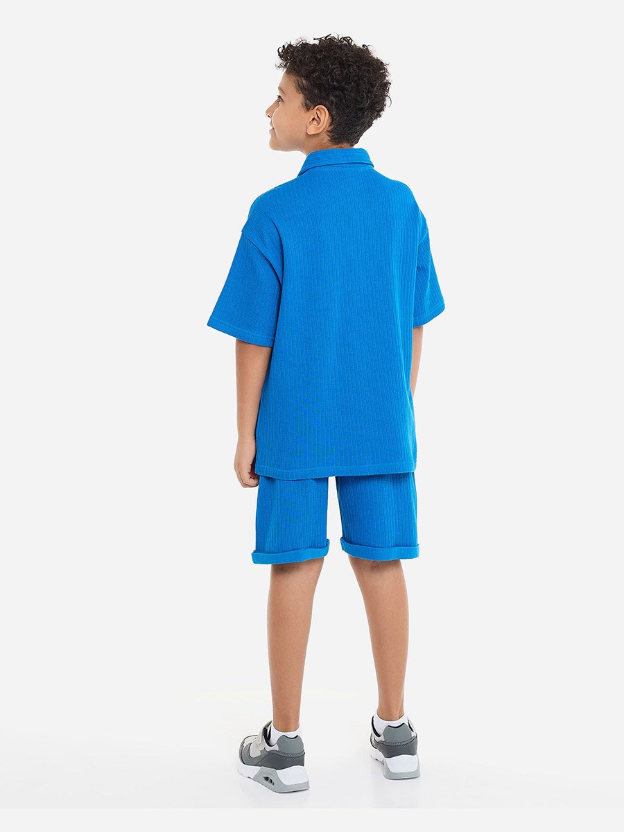 Boys Blue Textured Polo T-Shirt and Shorts Set