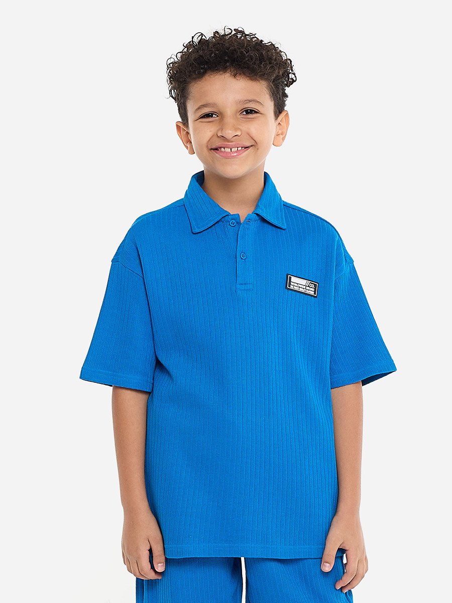 Boys Blue Textured Polo T-Shirt and Shorts Set
