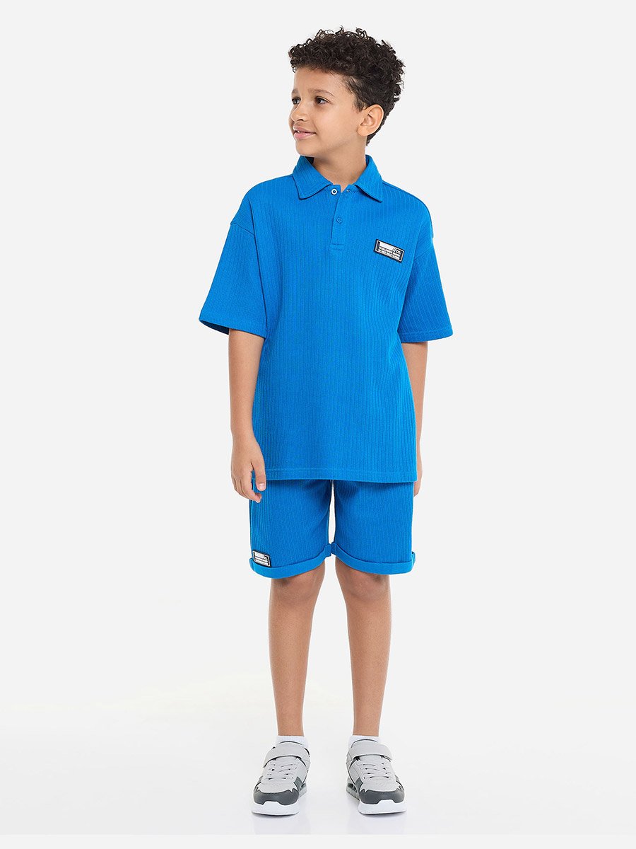 Boys Blue Textured Polo T-Shirt and Shorts Set