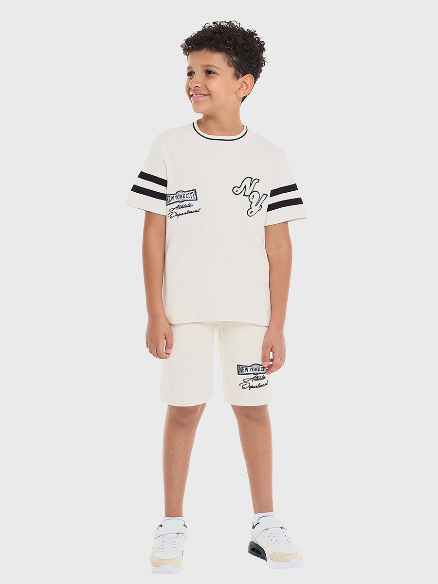 Boys Cream Cotton Embroidered T-Shirt and Shorts Set