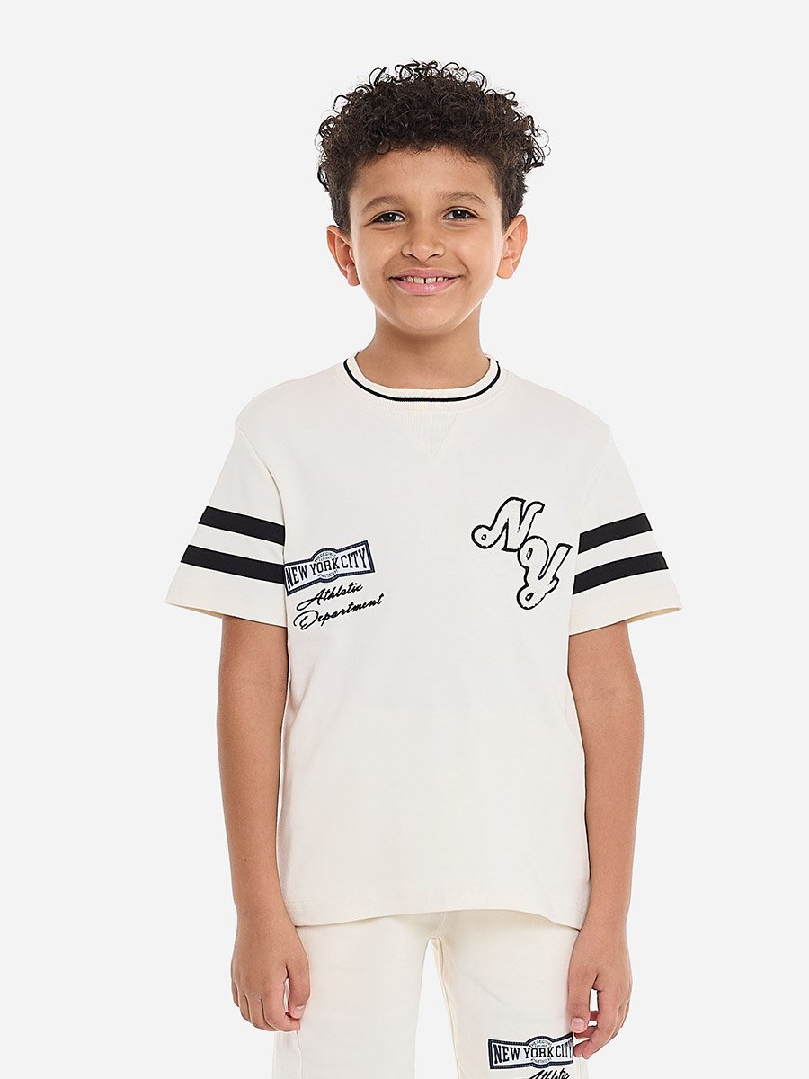 Boys Cream Cotton Embroidered T-Shirt and Shorts Set