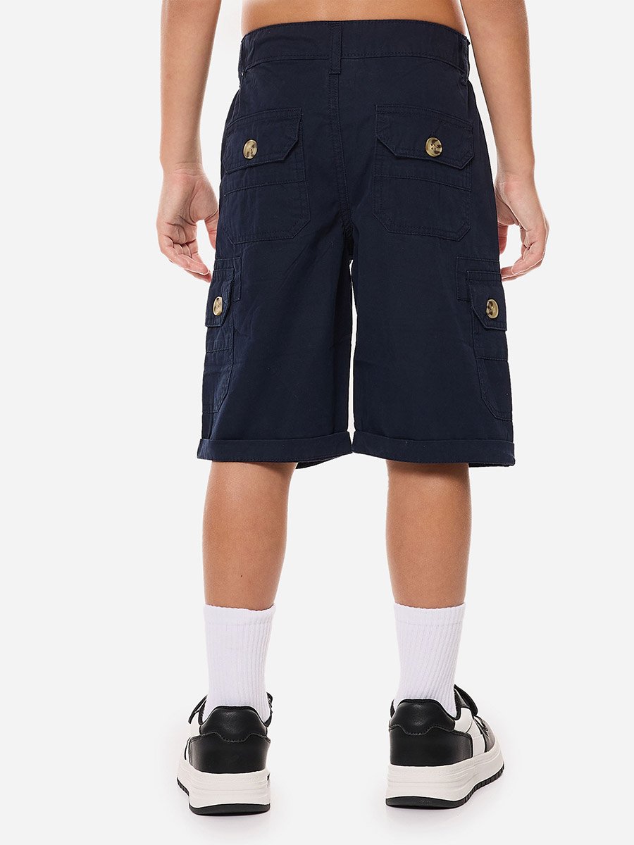 Boys Navy Blue Solid Cargo Shorts with Belt Loops