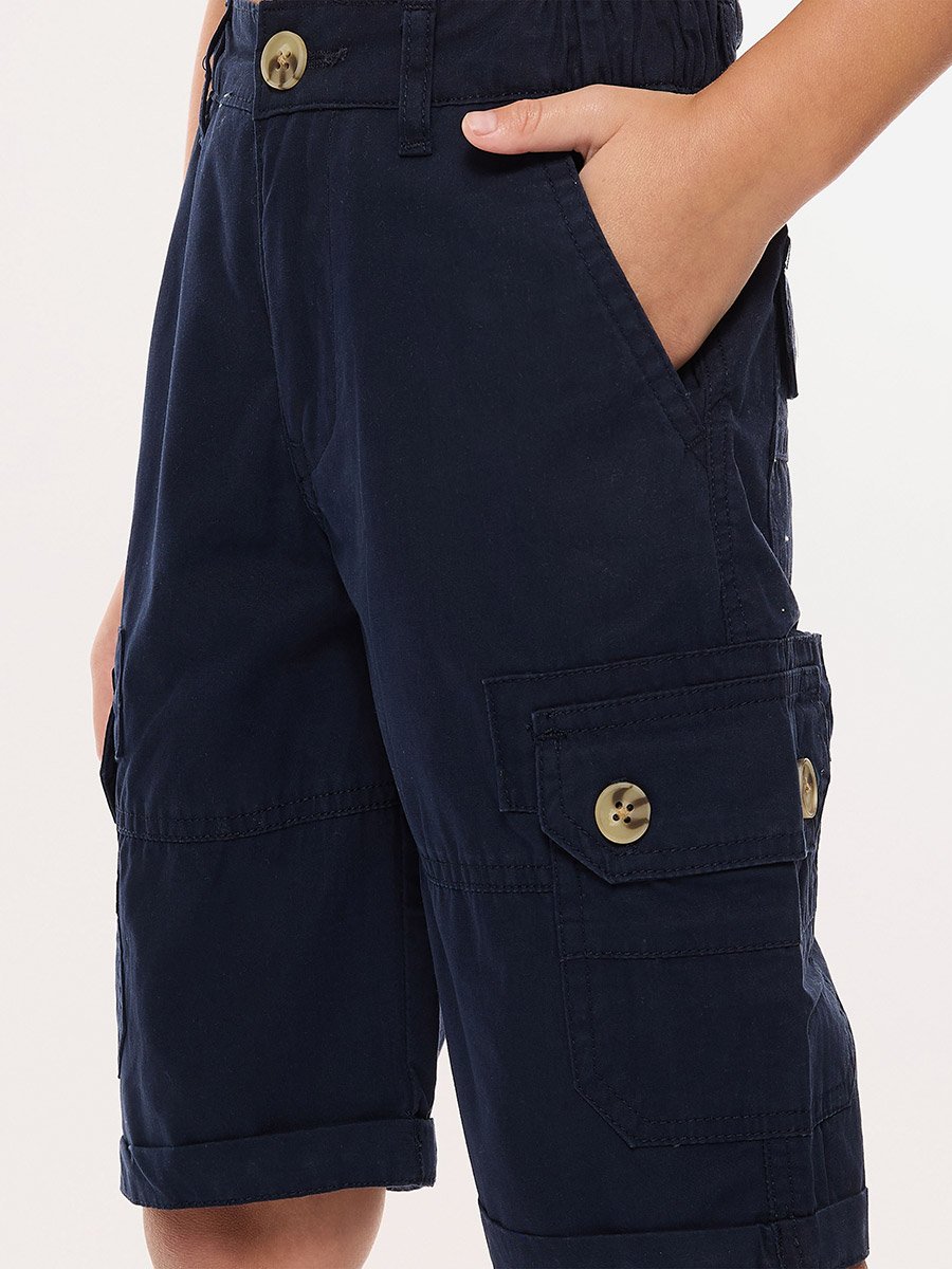 Boys Navy Blue Solid Cargo Shorts with Belt Loops