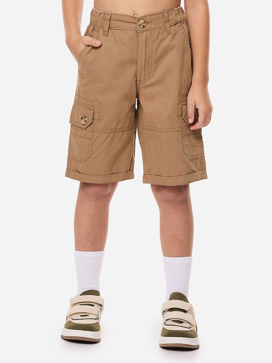 Boys Brown Solid Cargo Shorts with Belt Loops