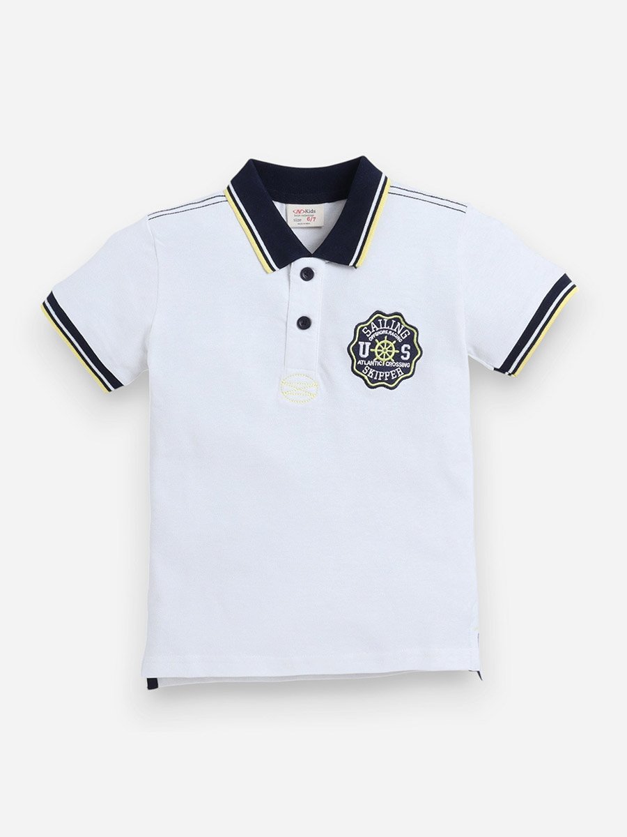Boys White Embroidered Detail Short Sleeve Polo T-Shirt