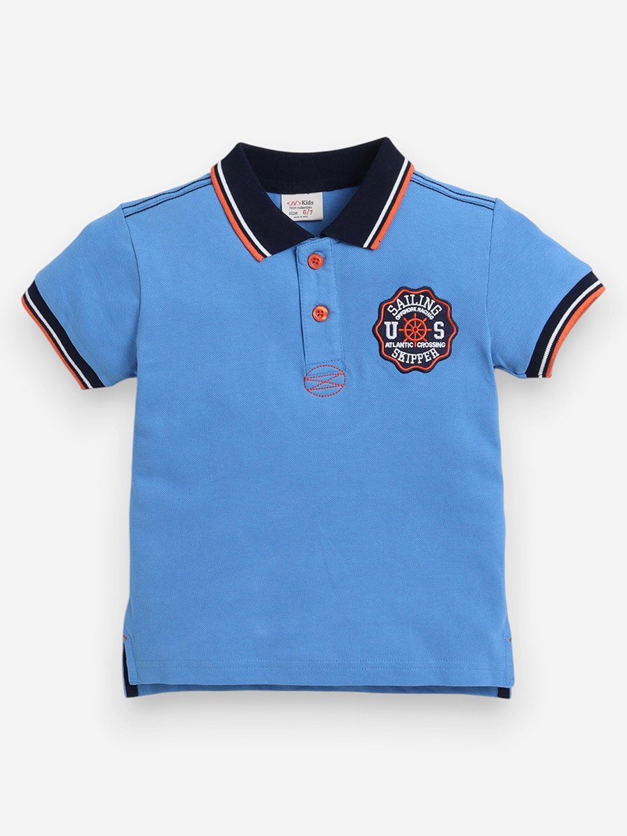 Boys Blue Embroidered Detail Short Sleeve Polo T-Shirt