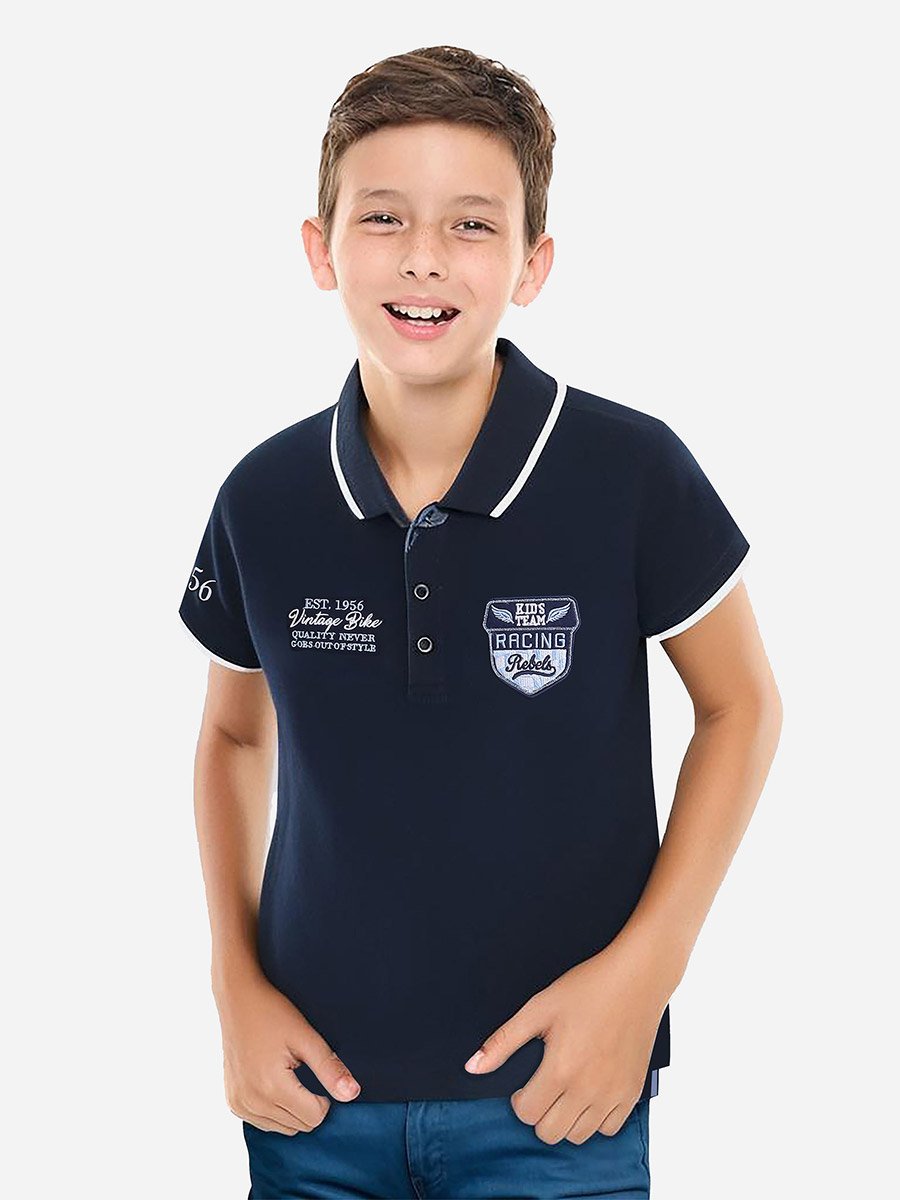 Boys Navy Blue Embroidered Detail Short Sleeve Polo T-Shirt