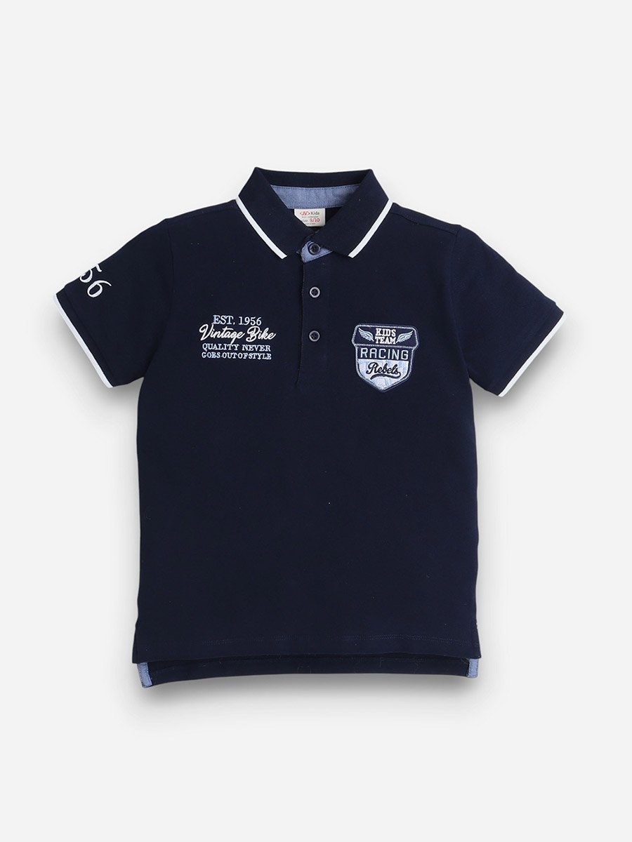 Boys Navy Blue Embroidered Detail Short Sleeve Polo T-Shirt