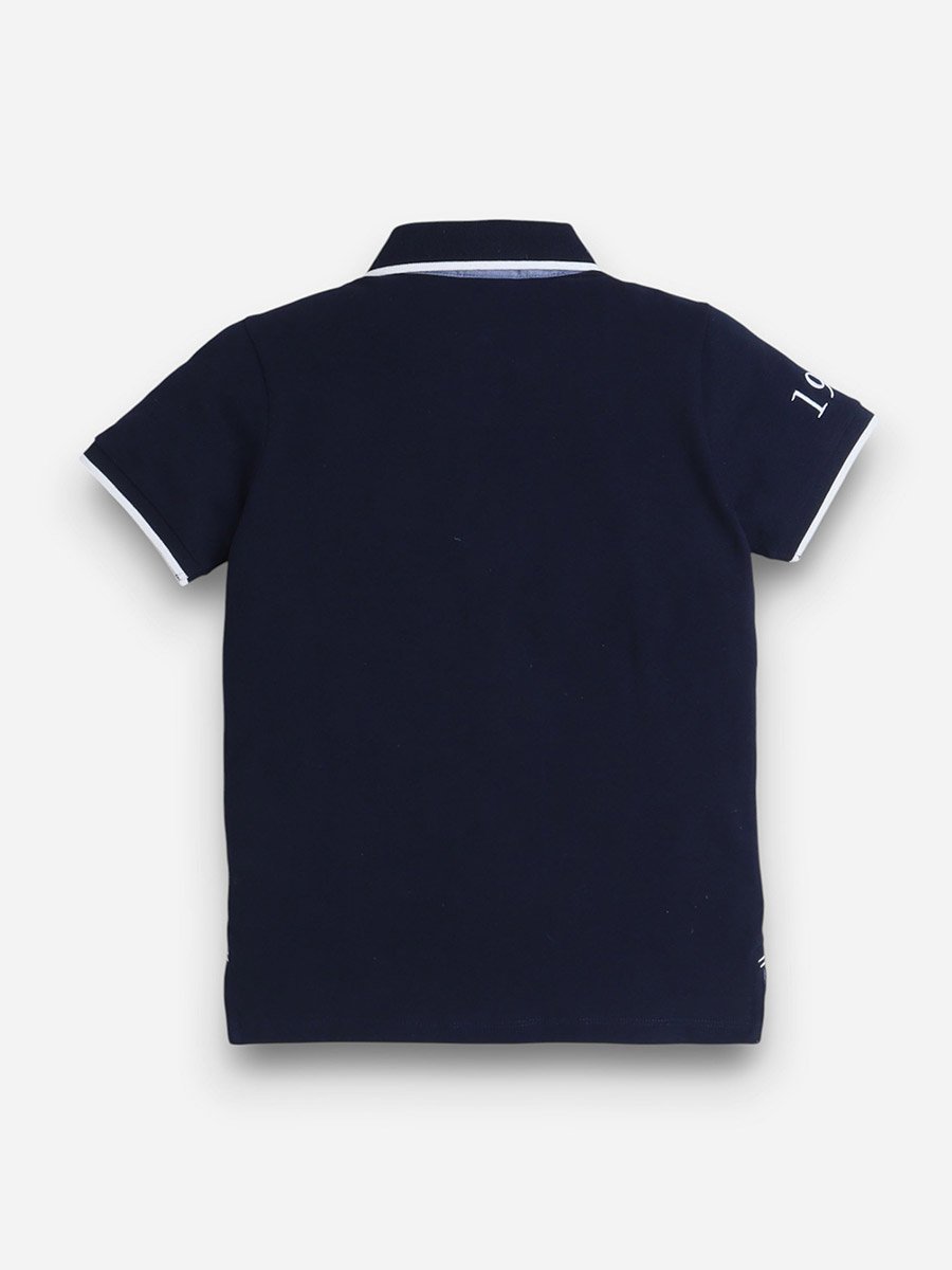 Boys Navy Blue Embroidered Detail Short Sleeve Polo T-Shirt