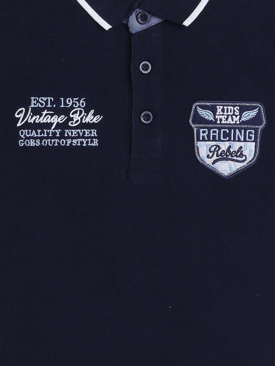 Boys Navy Blue Embroidered Detail Short Sleeve Polo T-Shirt