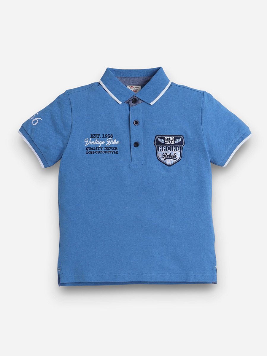 Boys Blue Embroidered Detail Short Sleeve Polo T-Shirt