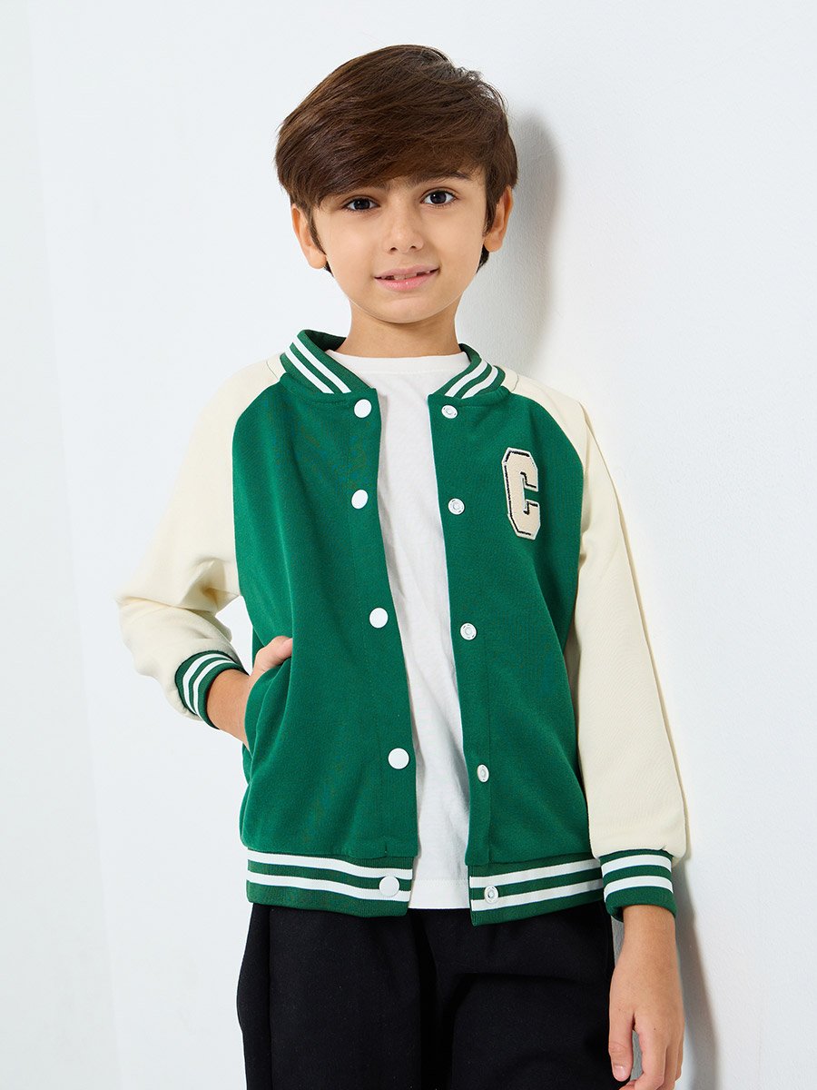 Boys Green Color Block Bomber Jacket 