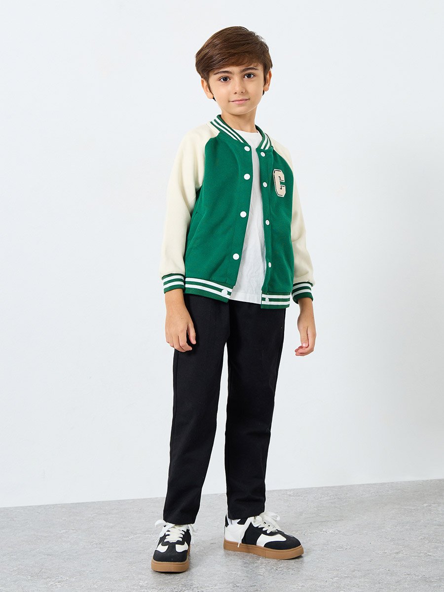 Boys Green Color Block Bomber Jacket 