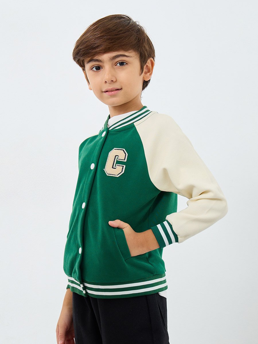 Boys Green Color Block Bomber Jacket 