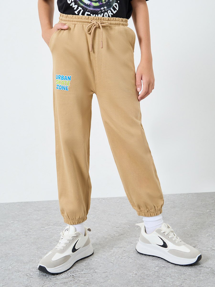 Kids Tan Cotton Joggers with Drawstring Waist