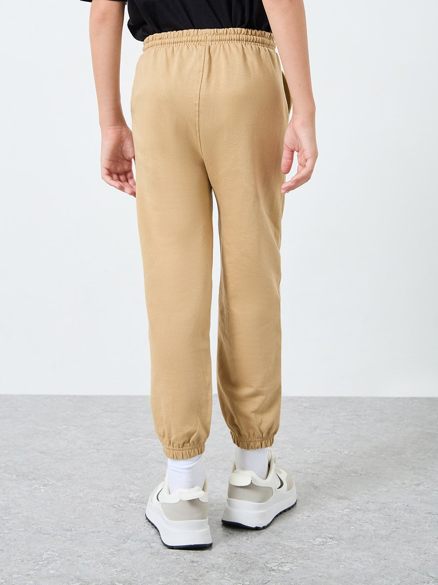 Kids Tan Cotton Joggers with Drawstring Waist