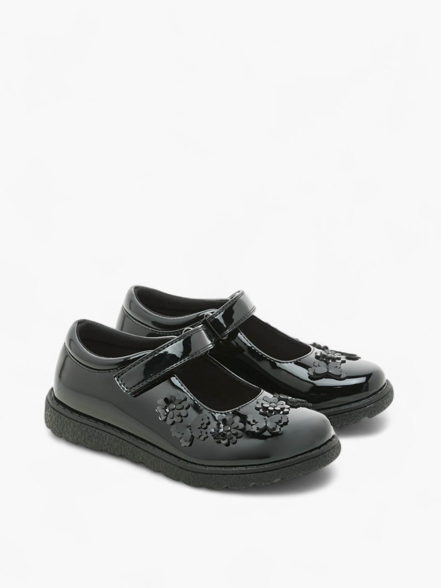 Flower Applique School Shoes with Hook and Loop Closure