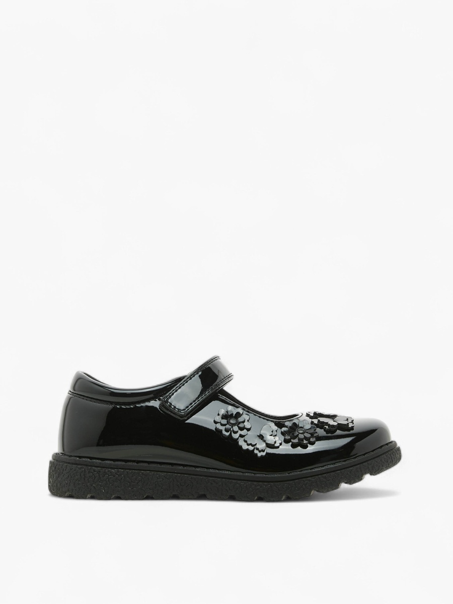 Flower Applique School Shoes with Hook and Loop Closure