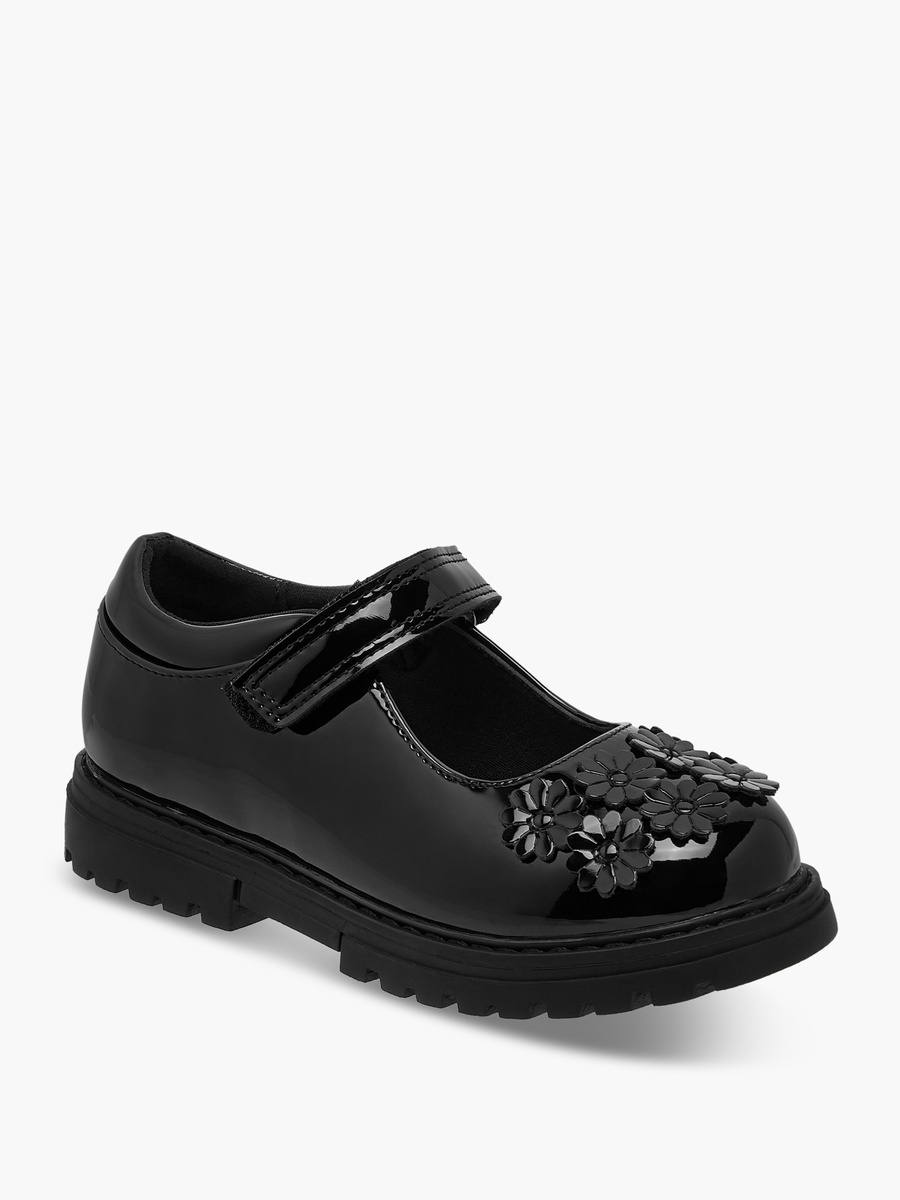 Flower Applique Mary Jane School Shoes with Hook and Loop Closure