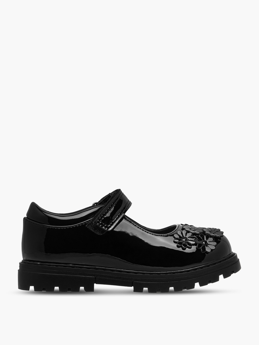 Flower Applique Mary Jane School Shoes with Hook and Loop Closure