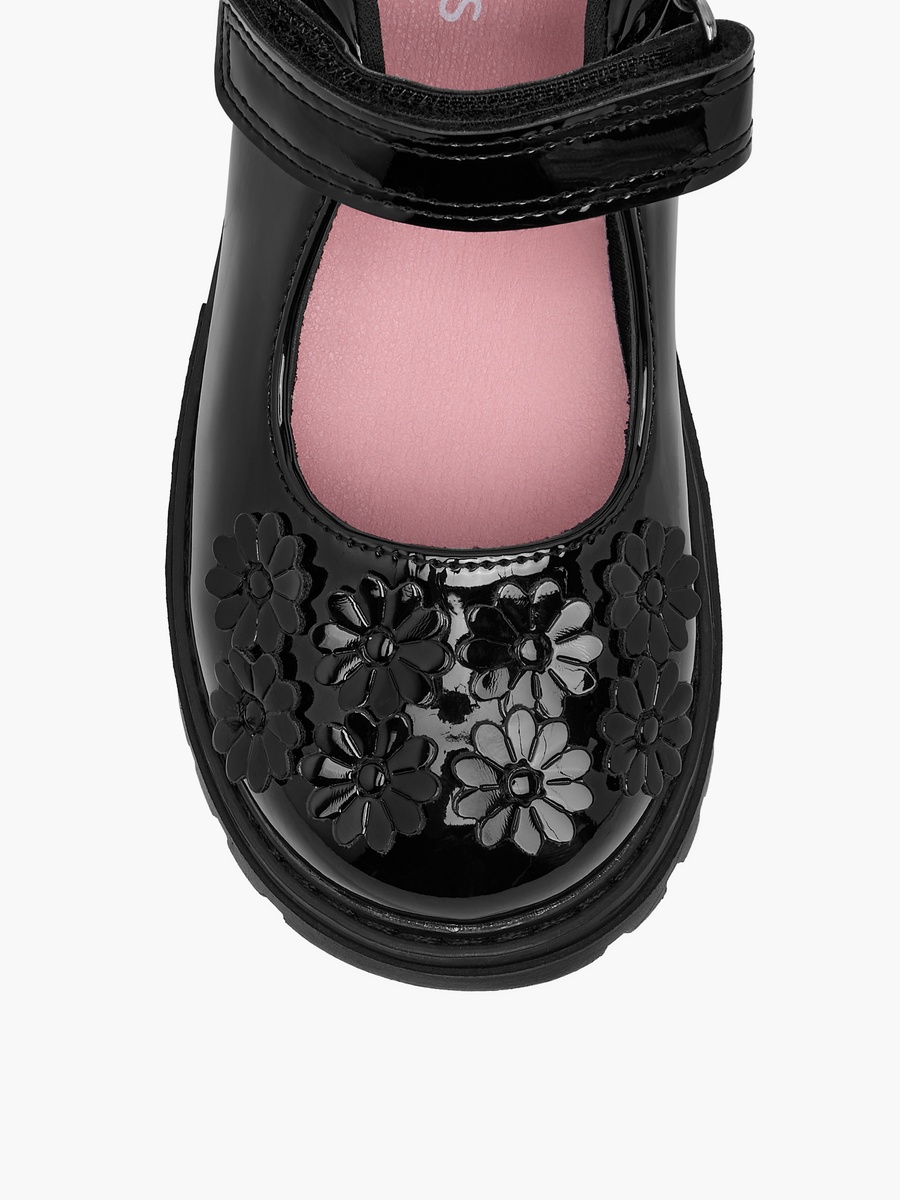 Flower Applique Mary Jane School Shoes with Hook and Loop Closure