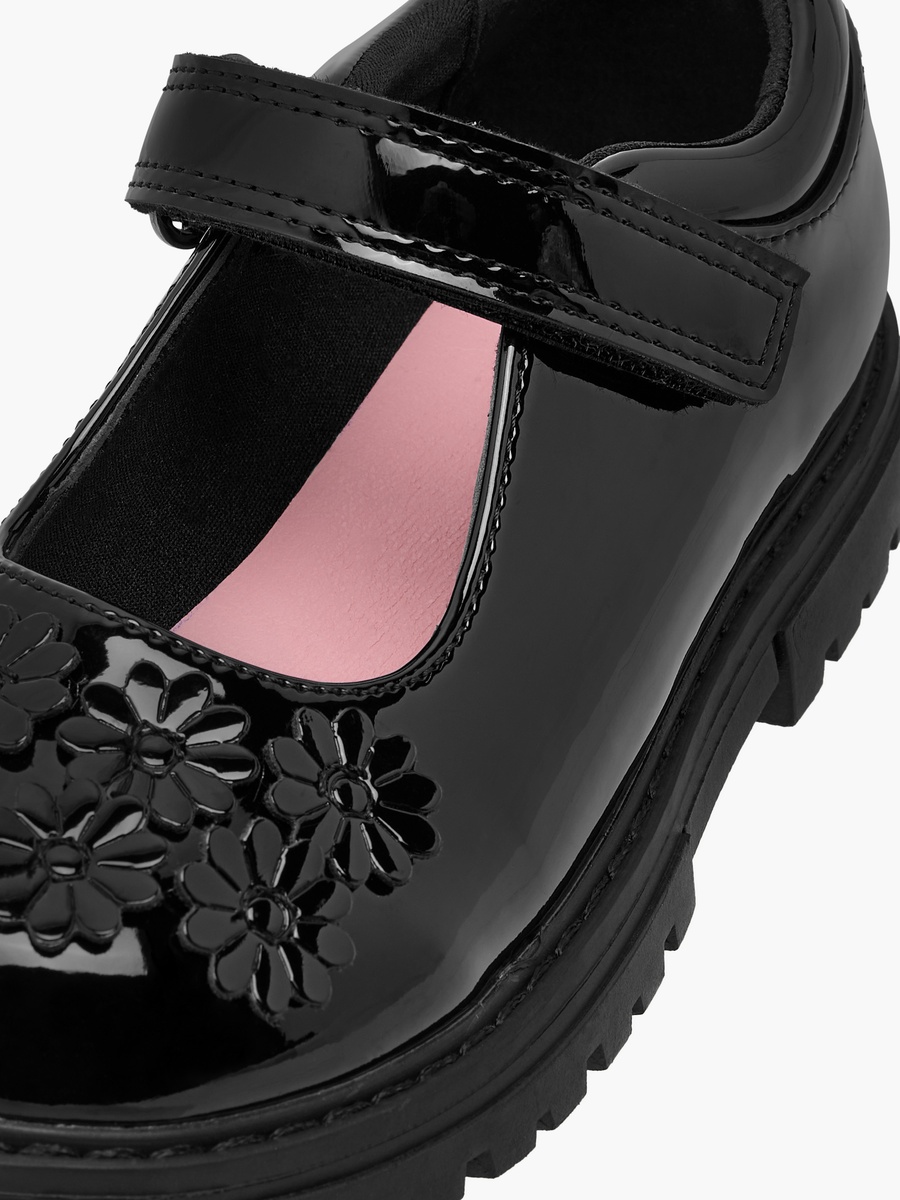 Flower Applique Mary Jane School Shoes with Hook and Loop Closure