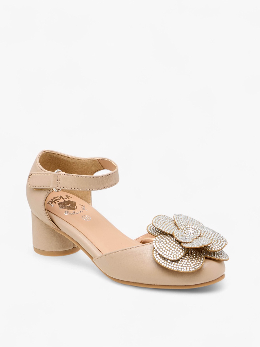 Girls Floral Embellished Block Heeled Sandals with Hook and Loop Closure