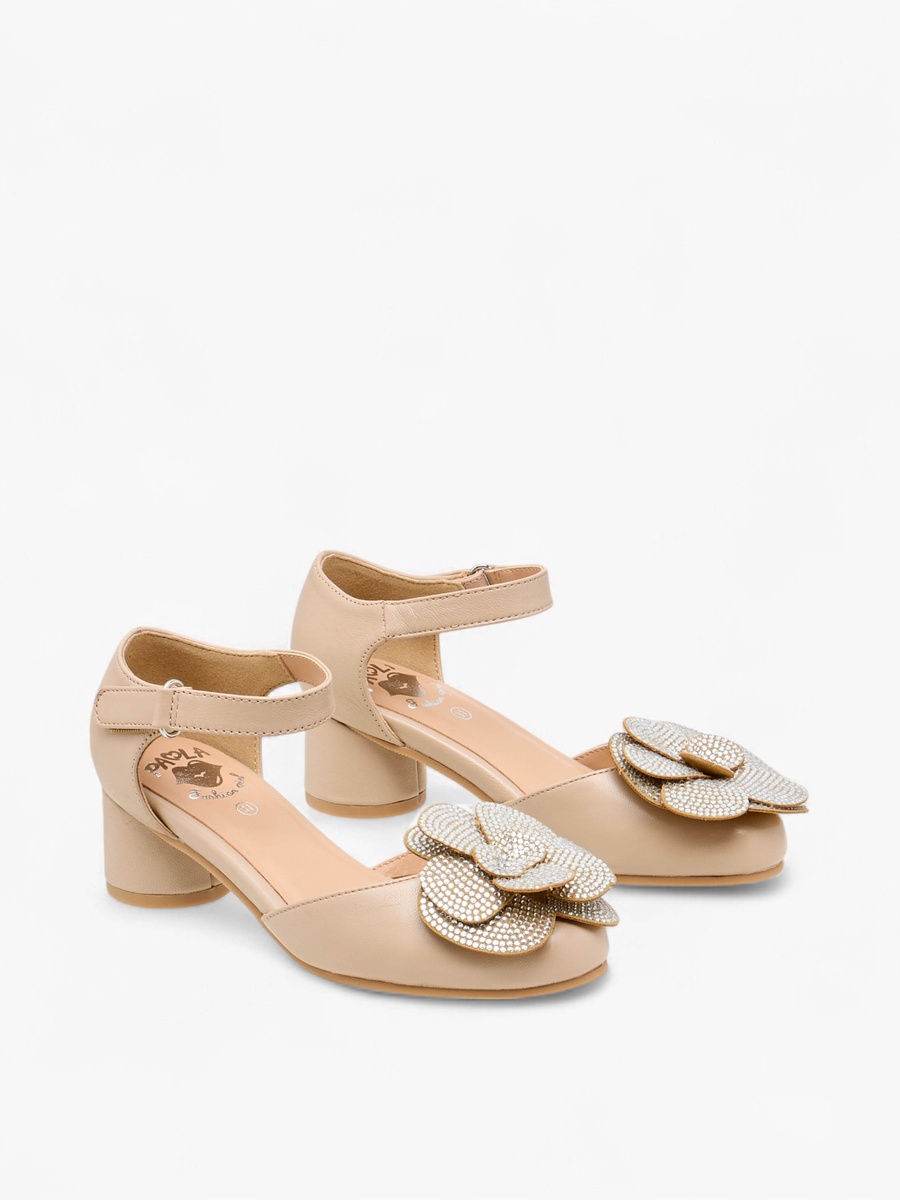 Girls Floral Embellished Block Heeled Sandals with Hook and Loop Closure