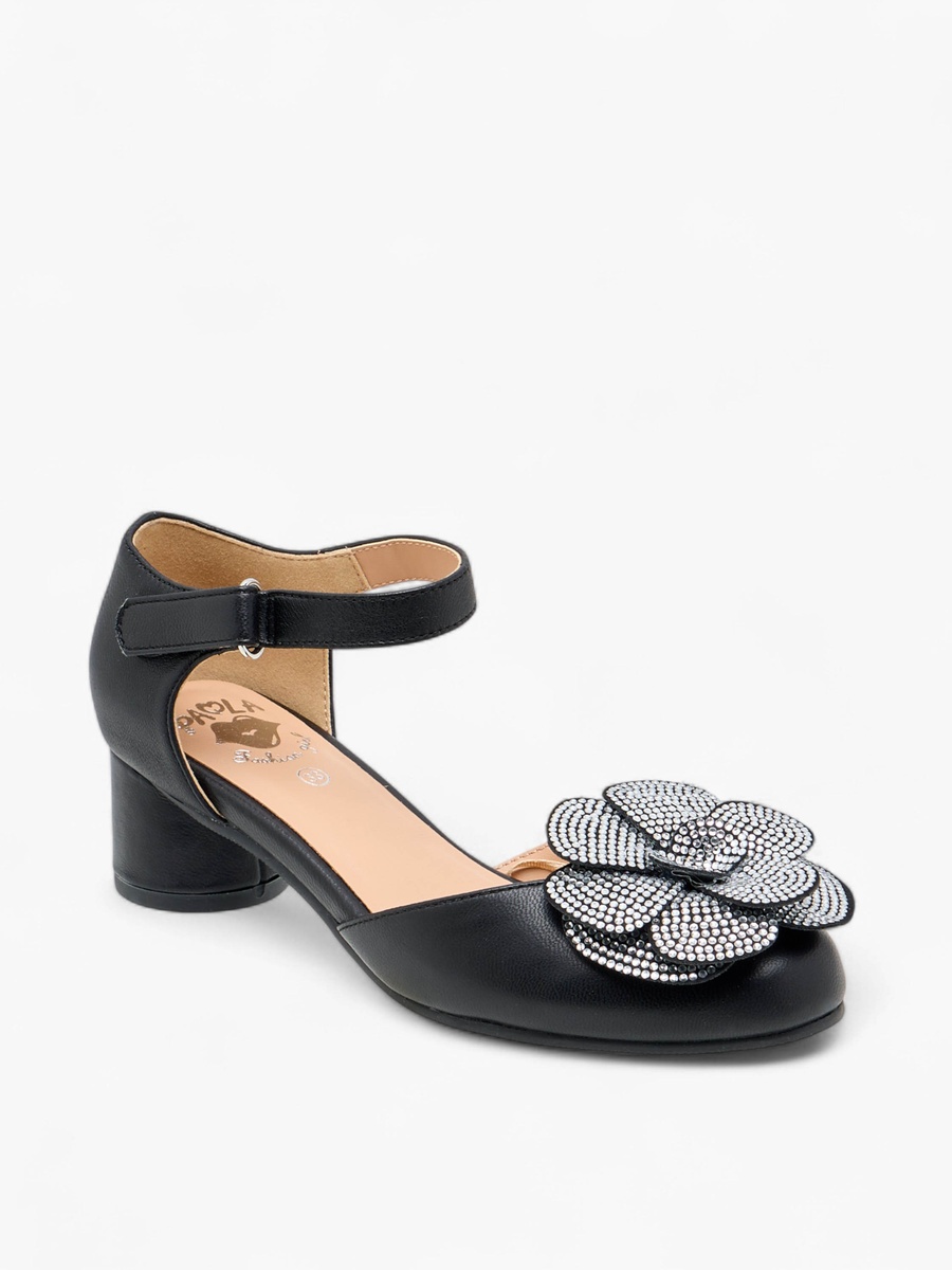 Girls Floral Embellished Block Heeled Sandals with Hook and Loop Closure