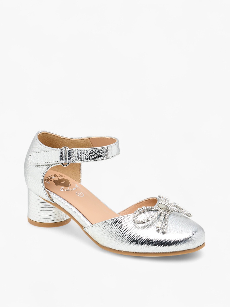 Girls Bow Embellished Block Heeled Sandals with Hook and Loop Closure
