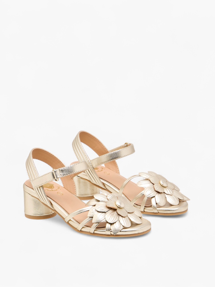 Girls Floral Accent Block Heeled Sandals with Hook and Loop Closure