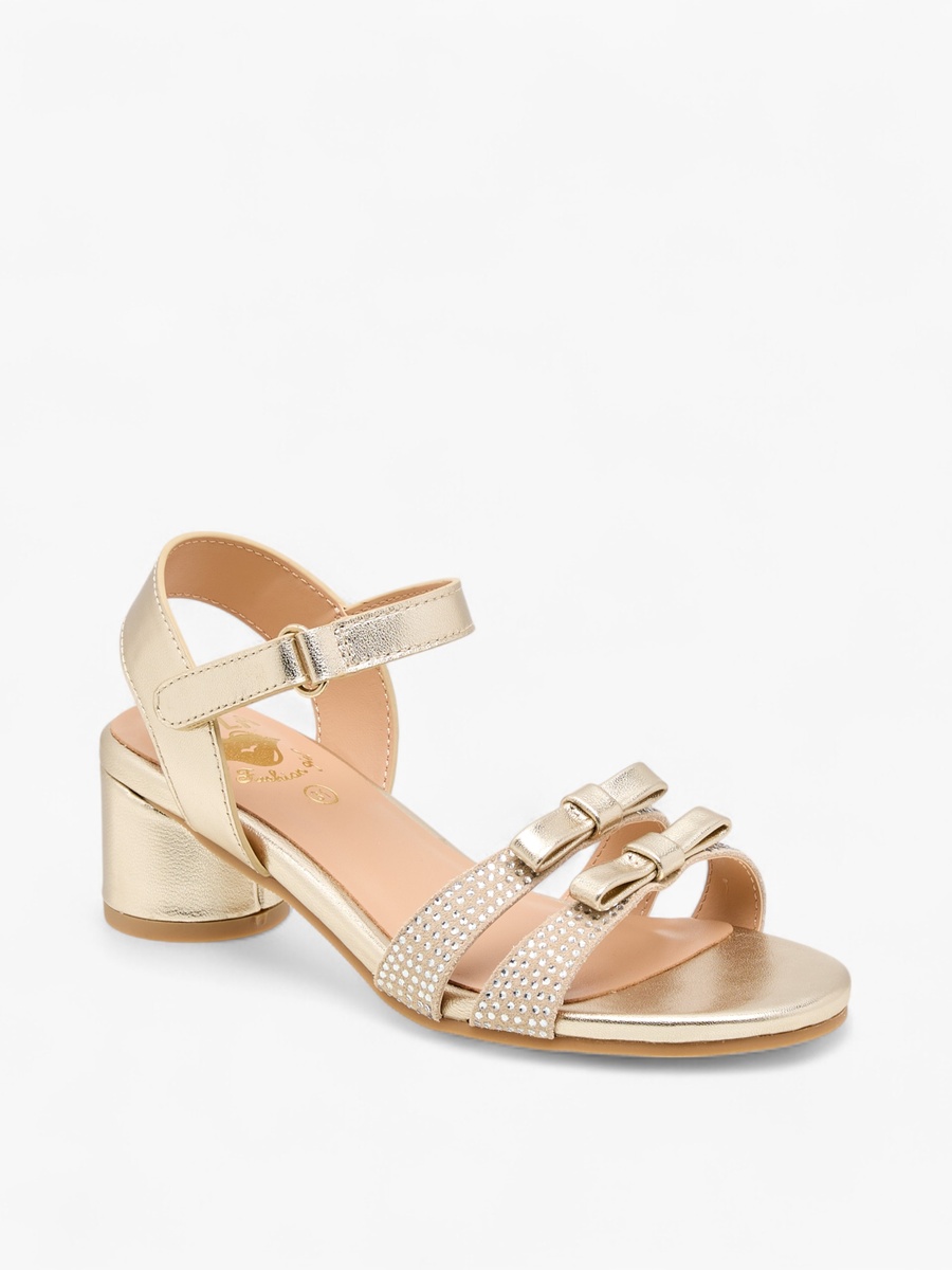 Girls Bow Detail Block Heeled Sandals with Hook and Loop Closure