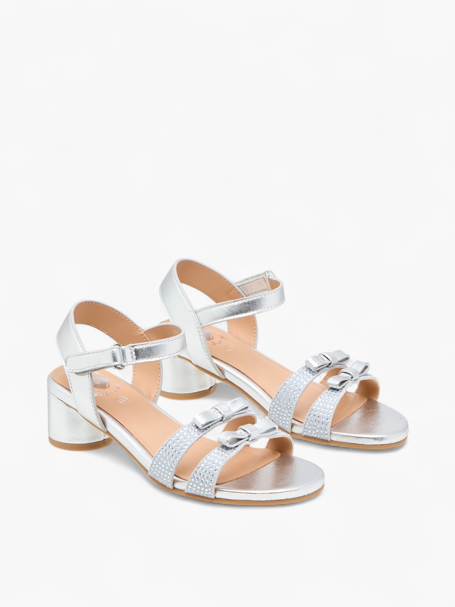 Girls Bow Detail Block Heeled Sandals with Hook and Loop Closure