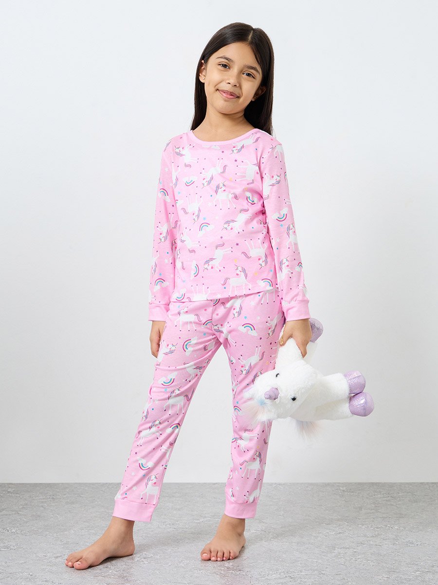 Light Pink Unicorn Printed Long Sleeve Top and Pyjama Set