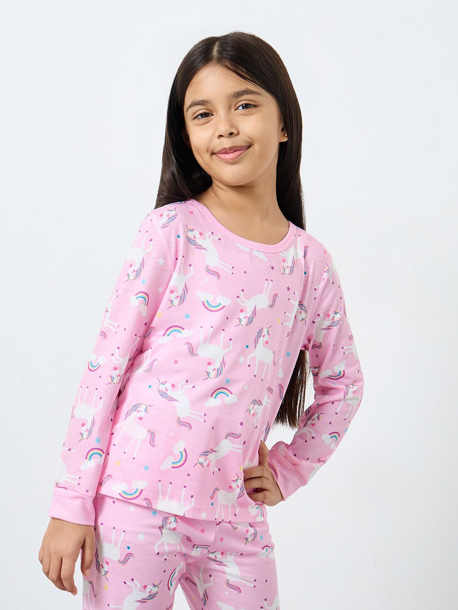 Light Pink Unicorn Printed Long Sleeve Top and Pyjama Set