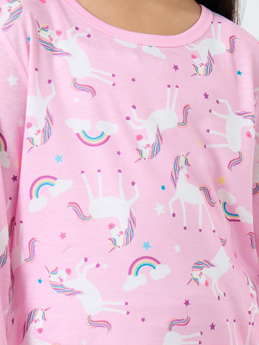 Light Pink Unicorn Printed Long Sleeve Top and Pyjama Set